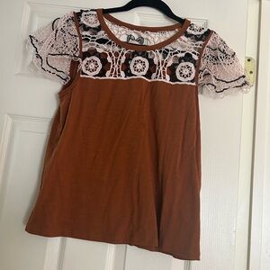 Anthropologie Rust Short Sleeve Top with Cream Lace Yoke